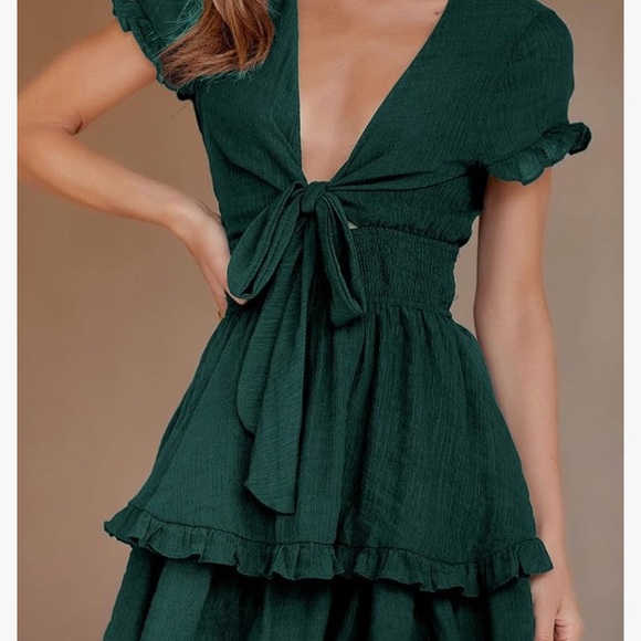 Women's Mini Dress Tie Front V Neck Short Sleeve Ruffle Layer A-Line Short Dress - Picture 2 of 4